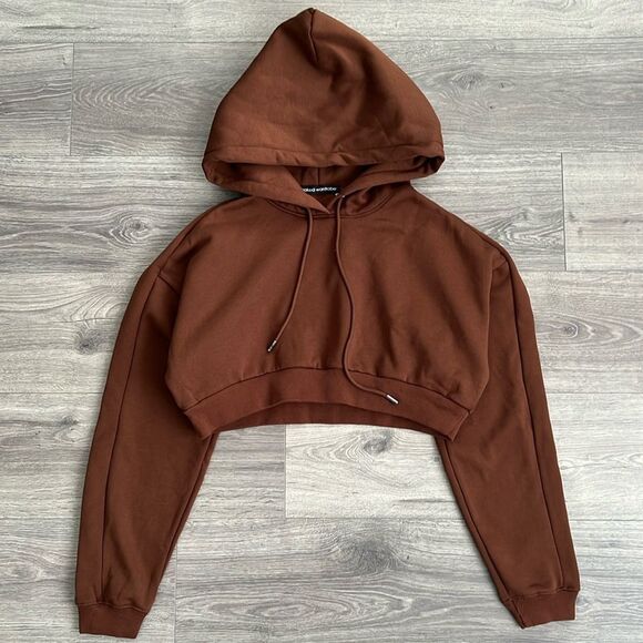 NAKED WARDROBE Cropped Hoodie Size Medium Dark Brown Sweatshirt Loungewear Cozy - Picture 1 of 9